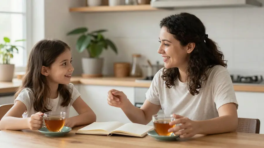 Mama priča priču kćerki uz čaj, između njih otvorena knjiga